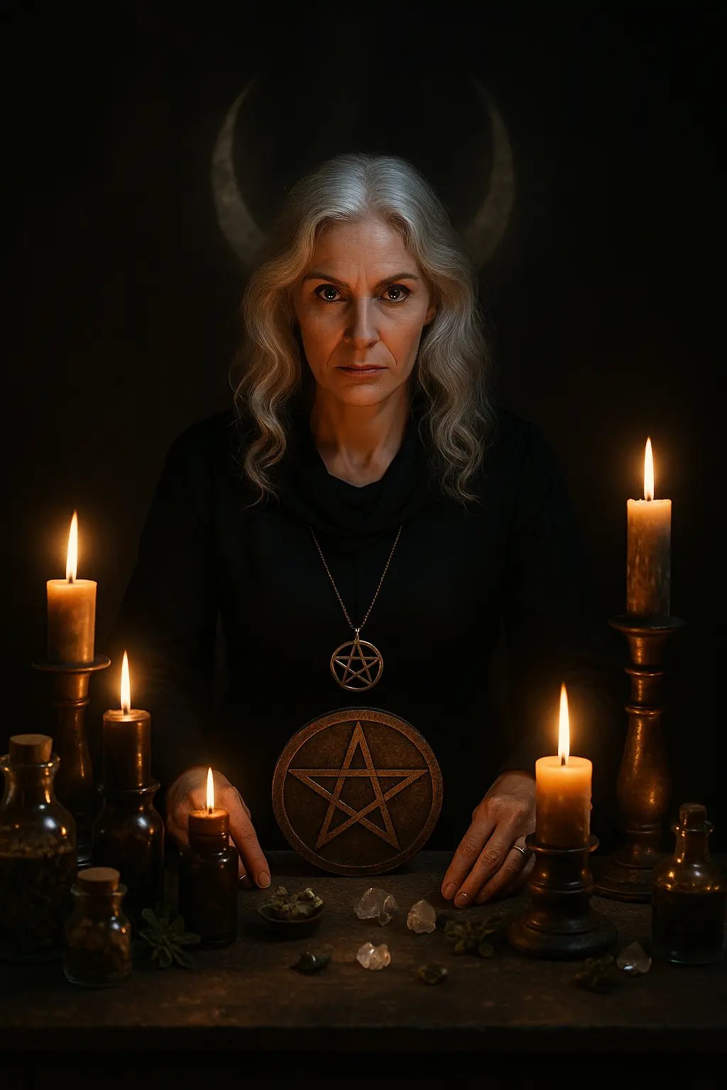 Bruja Samara canalizando ritual ancestral con velas, piedras y simbolo de protección en altar espiritual.