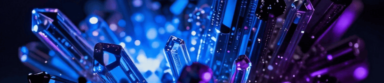 Close-up macro shot of calcified crystalline structures, high contrast, under electric blue and violet laser-like accents, dark neurotech laboratory setting.