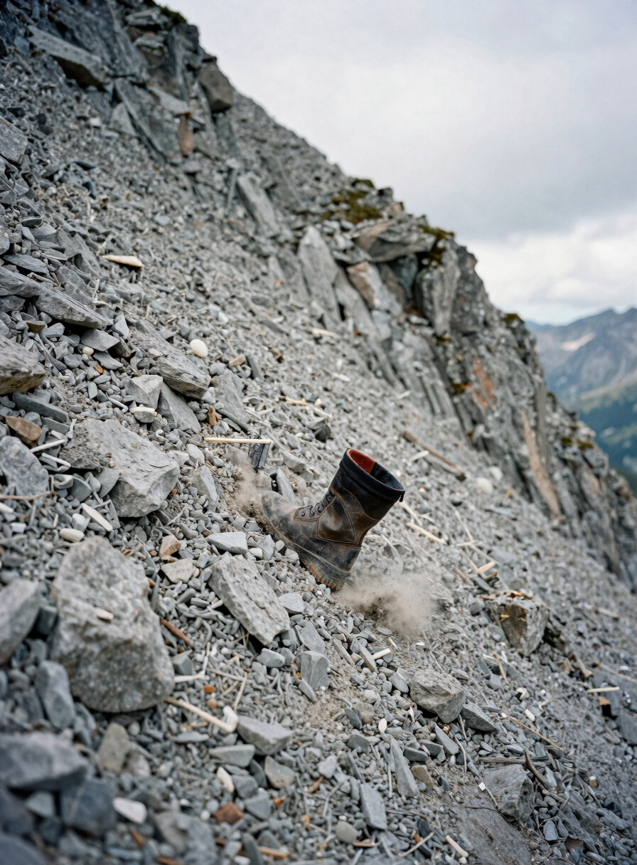 Close documentary shot of a boot pressing into loose scree on a steep mountain face, natural overcast light, texture of grey stone and dust visible, off-center framing