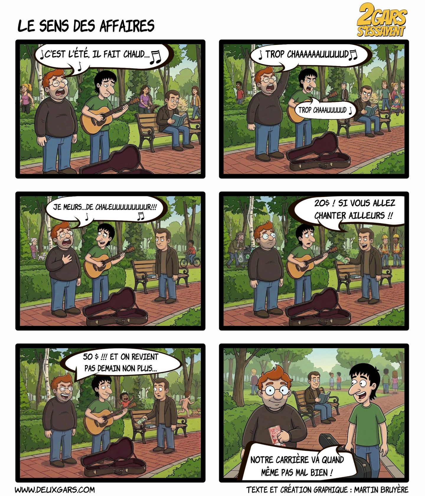 Comic strip of two street musicians being paid by a man in a park to stop singing and go away.
