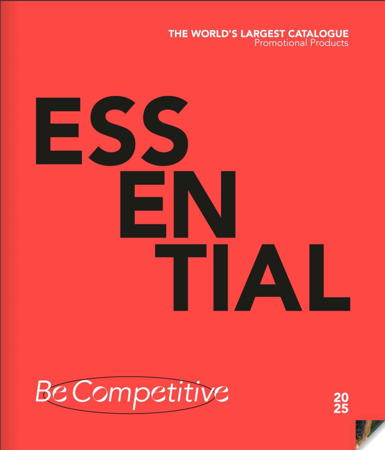 Red 2025 Essential promotional products catalogue cover with bold black typography.