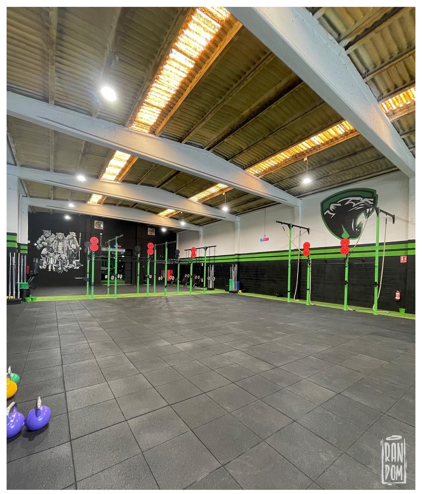 Nave industrial transformada en un gimnasio crossfit con su logotipo pintado 