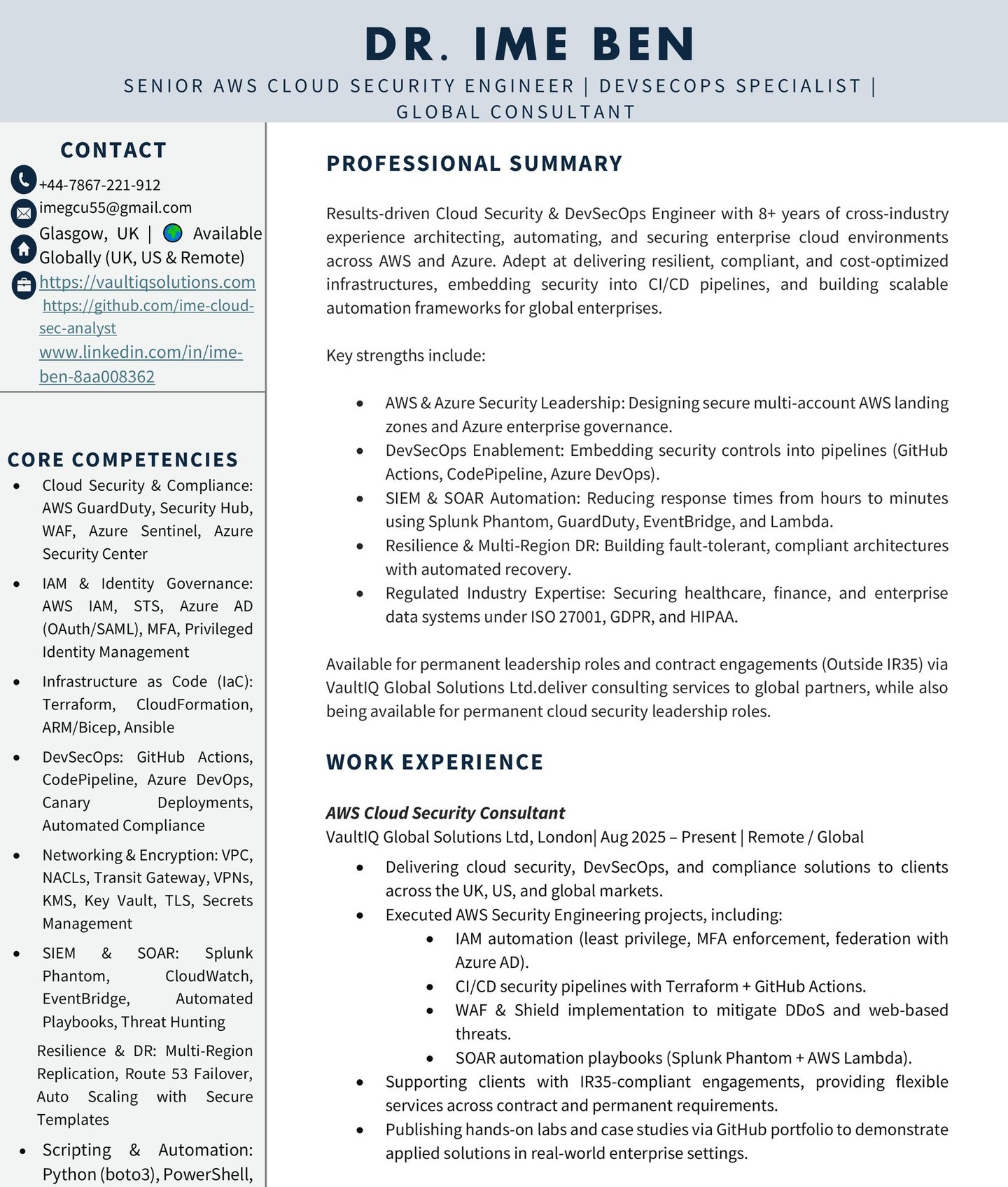 Page 1 of Ime Cloud Security Engineer CV showing profile summary, core skills, and career highlights
