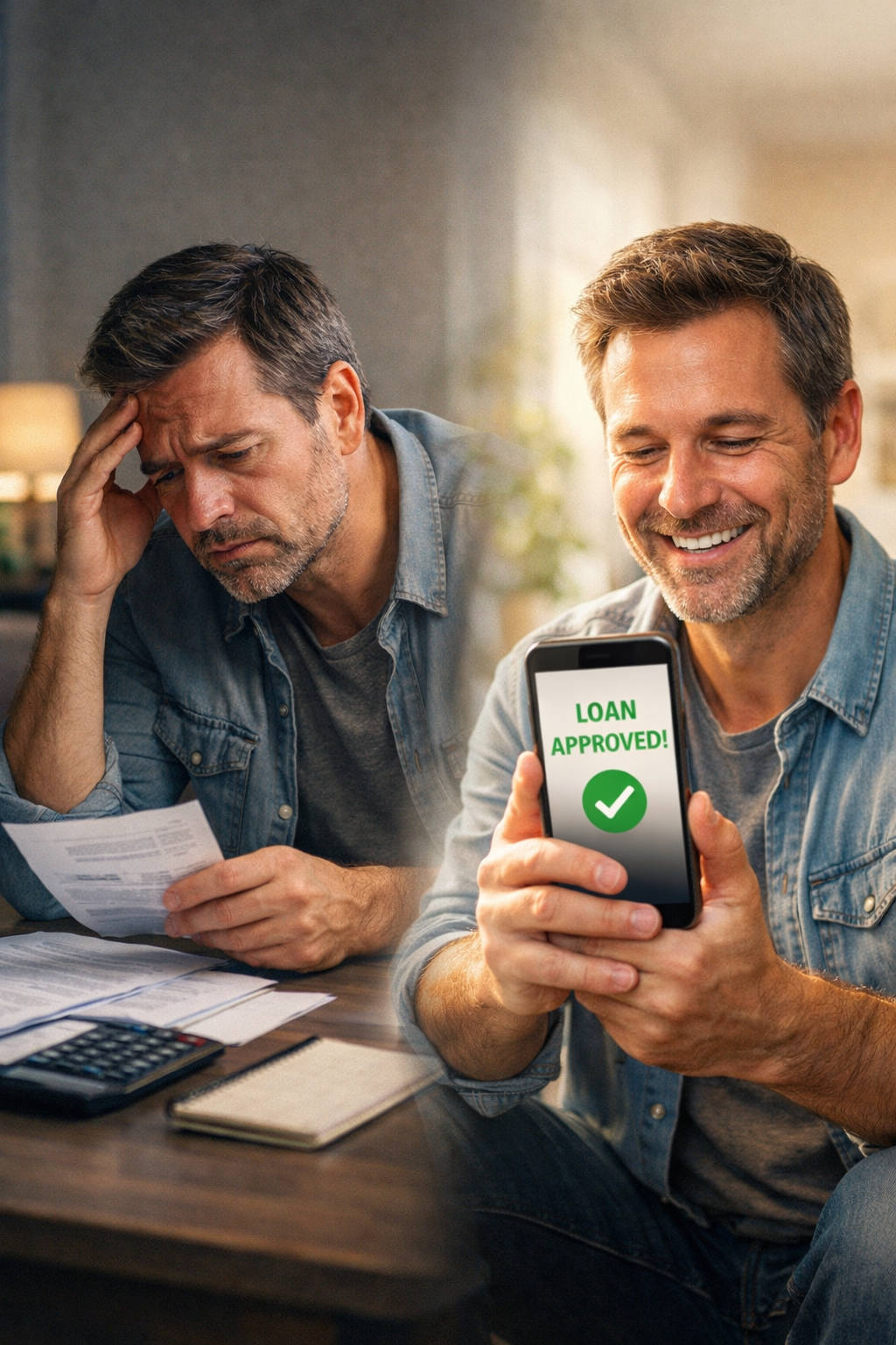 A man feeling stressed about bills vs smiling after receiving a loan approval on his smartphone.