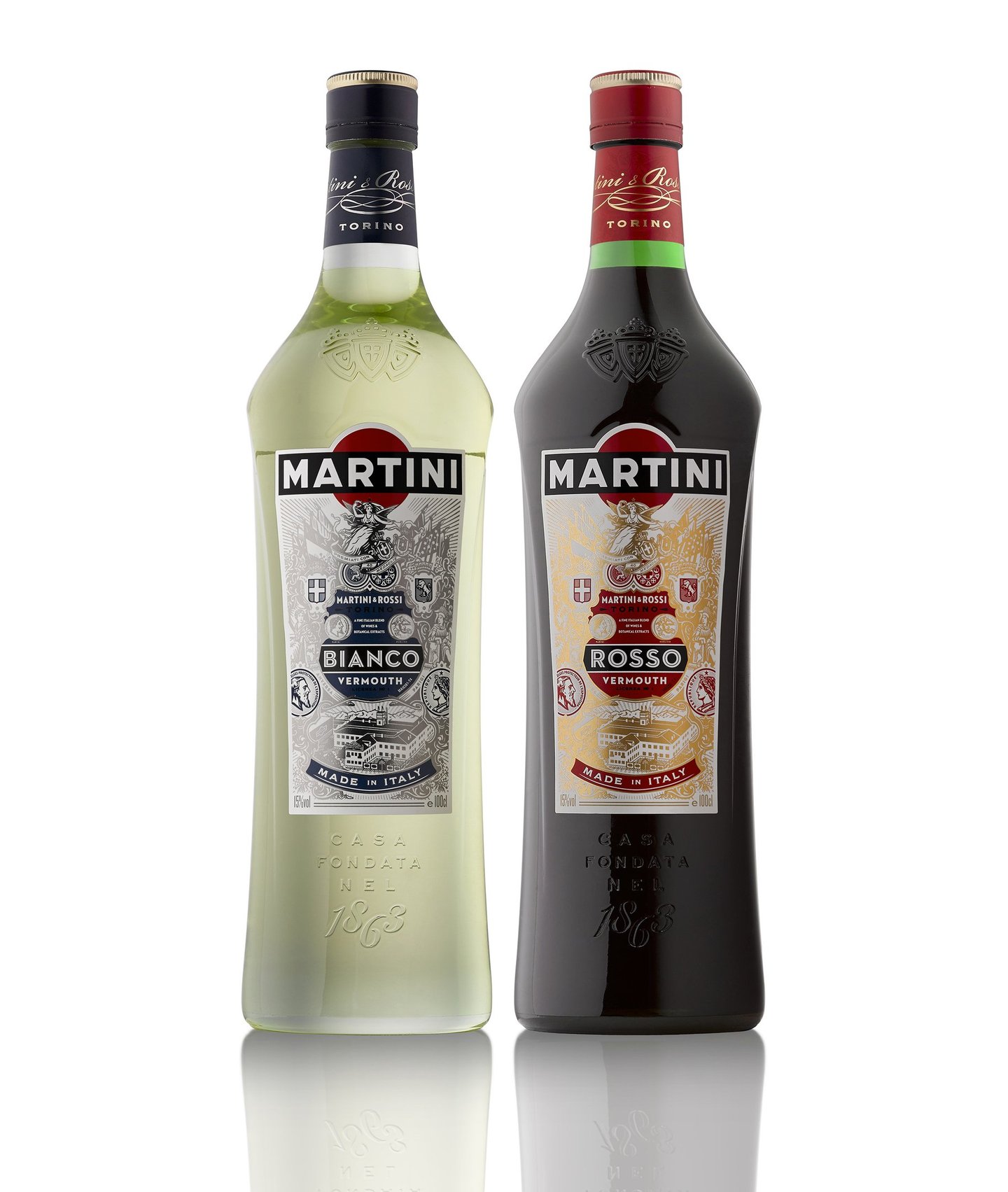 Two Bianco and Rosso Martini bottles side by side on a white background with reflections