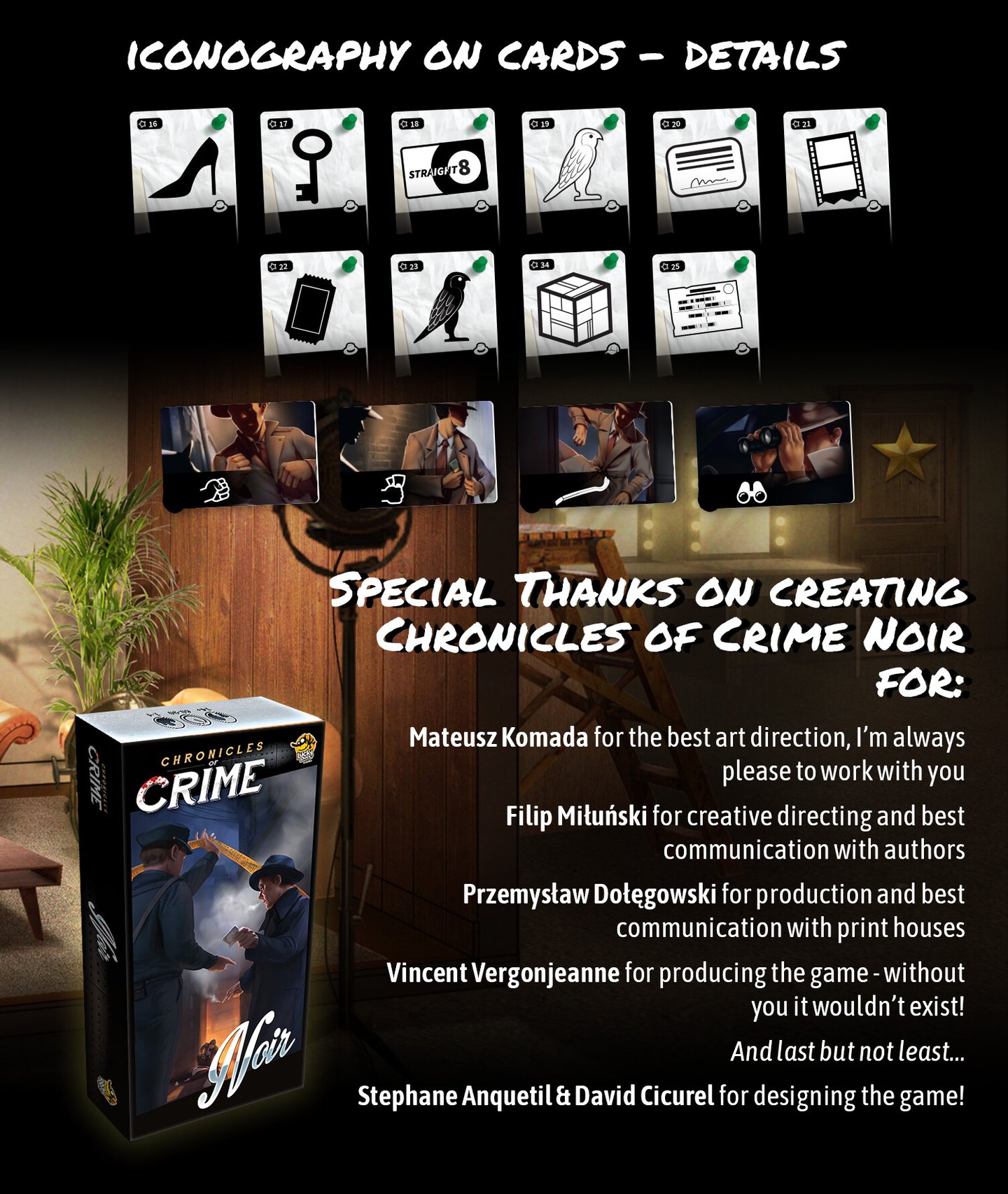 Iconography design for the cards. Special Thanks to Mateusz Komada, Stephane Anquetil, David Cicurel