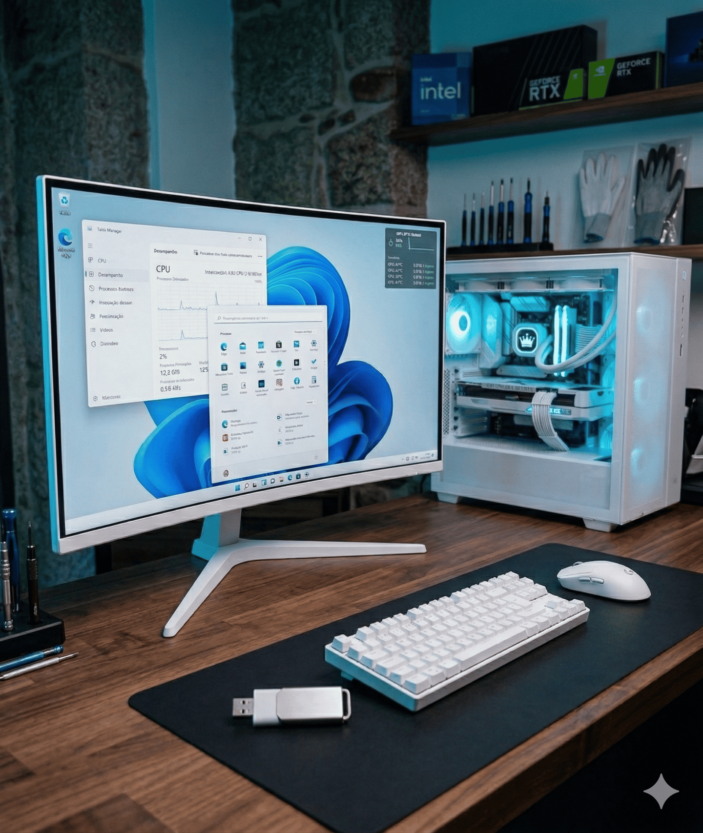 Foto computador e monitor na pagina inicial do Windows 11, instalação mkbuilds