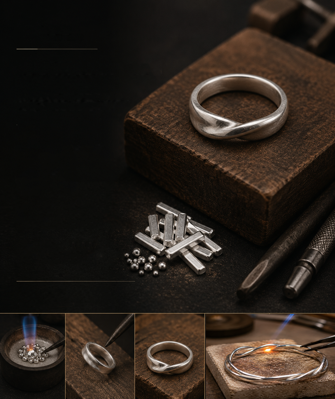Handmade 999 fine silver twist ring on a jeweler's workbench with crafting tools and raw metal.