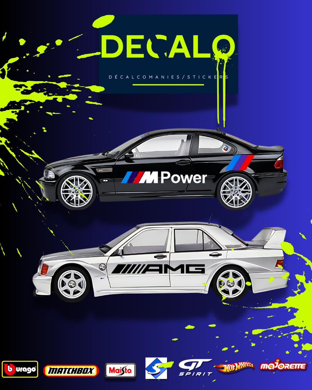 BMW M3 noir et MERCEDES-BENZ grise AMG sublimés par des décals "M-POWER" et "AMG"