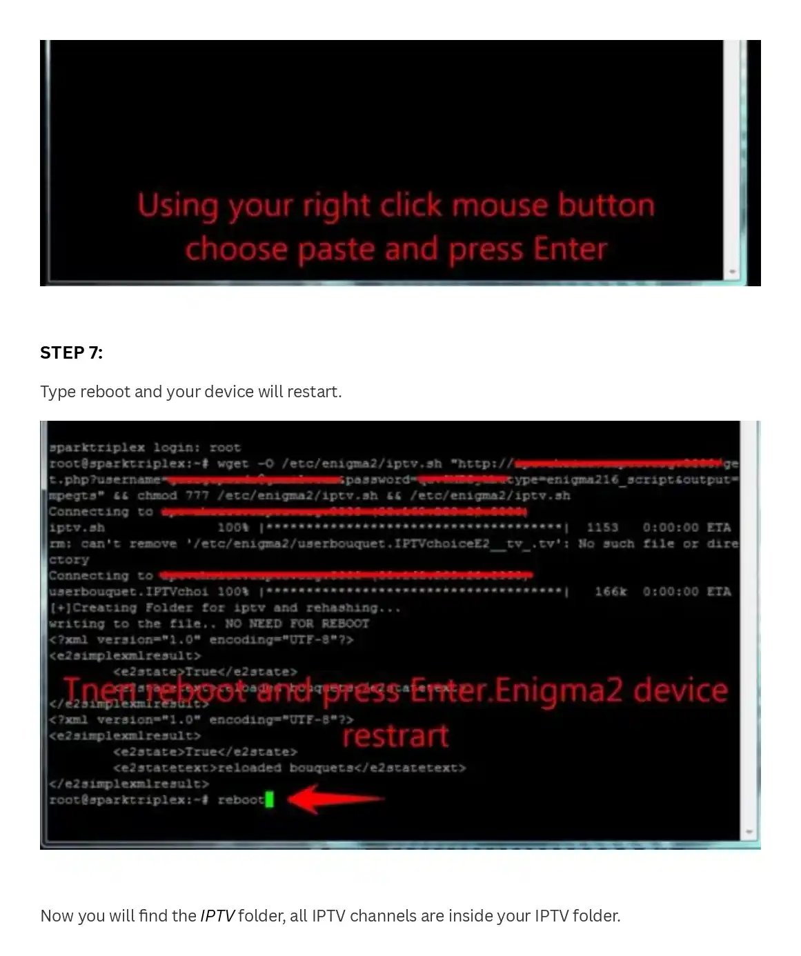 Screenshot of a terminal interface showing Enigma2 device restart command lines for IPTV setup.