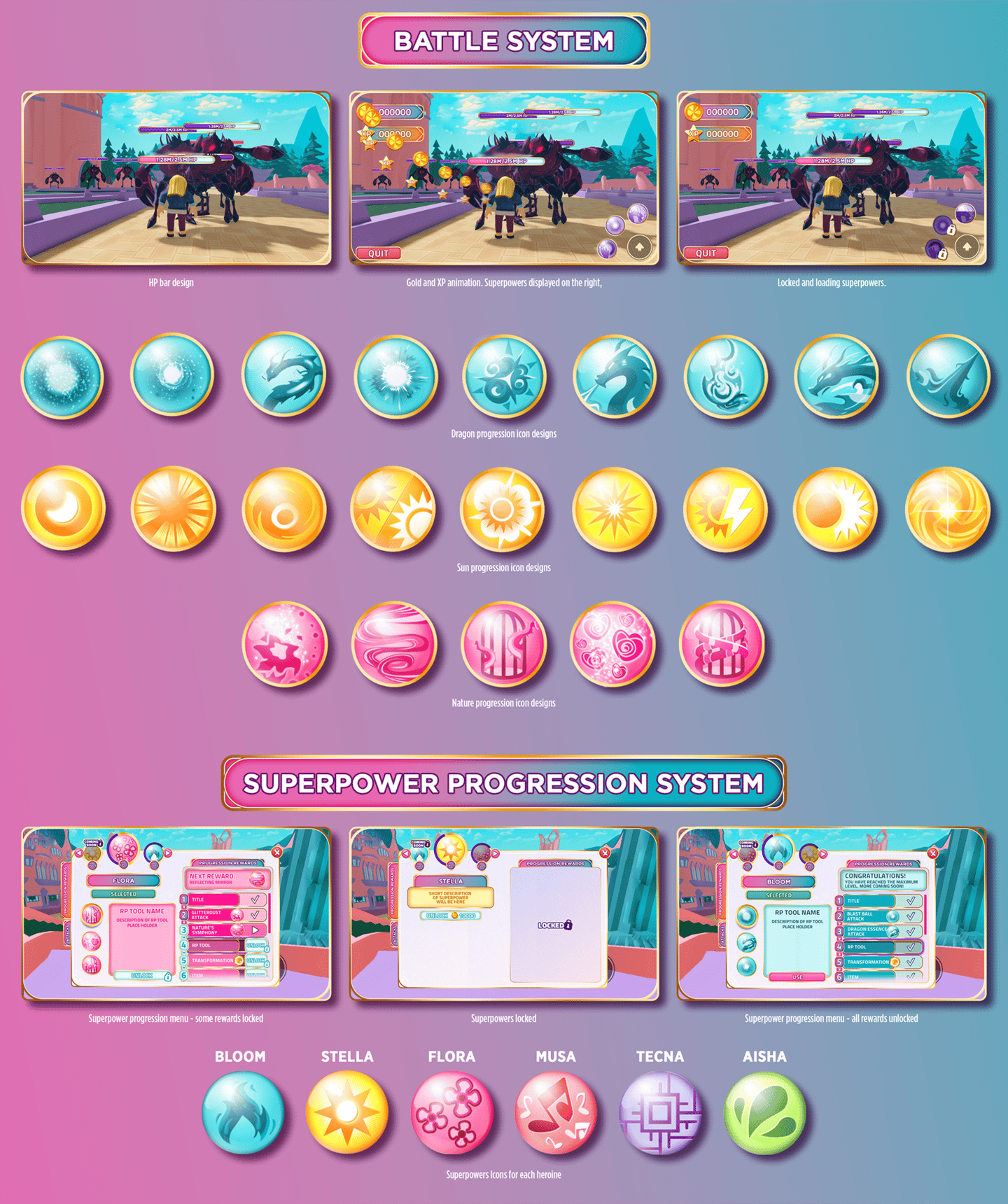 Battle system, Superpower progression system, Room Editor, Shop UI and Icon designs