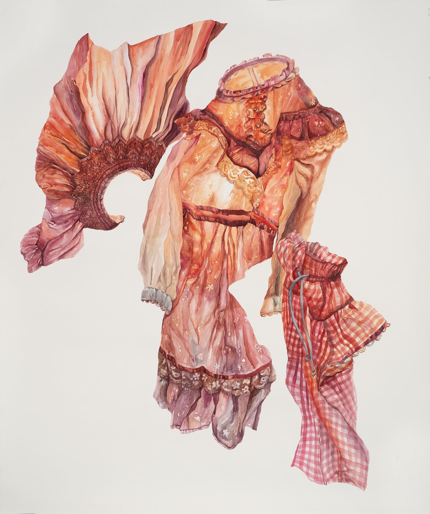 watercolor painting of three dress fragments with fine details of pattern, lace, and ribbon