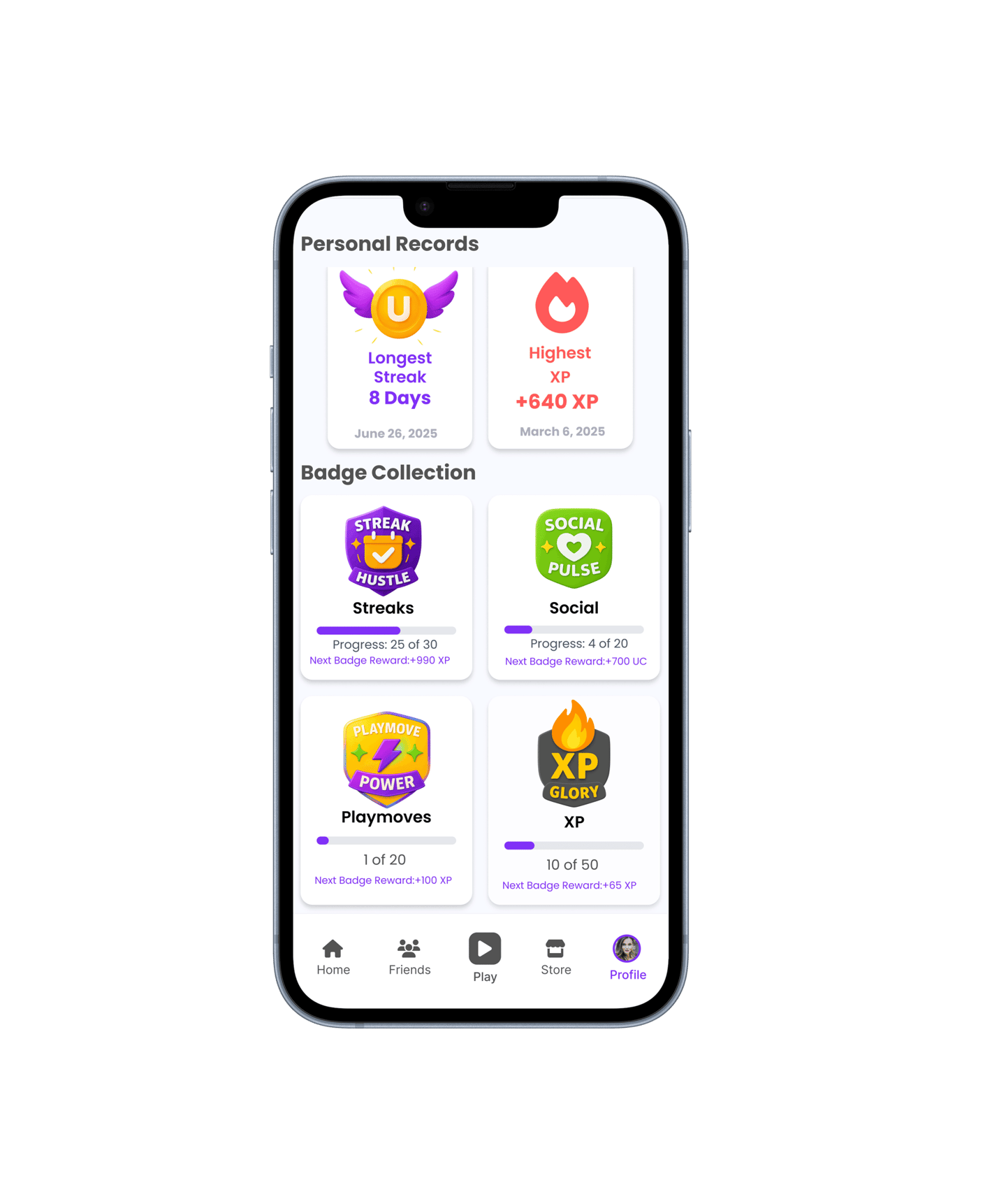 App screen displaying earned badges and progress achievements.