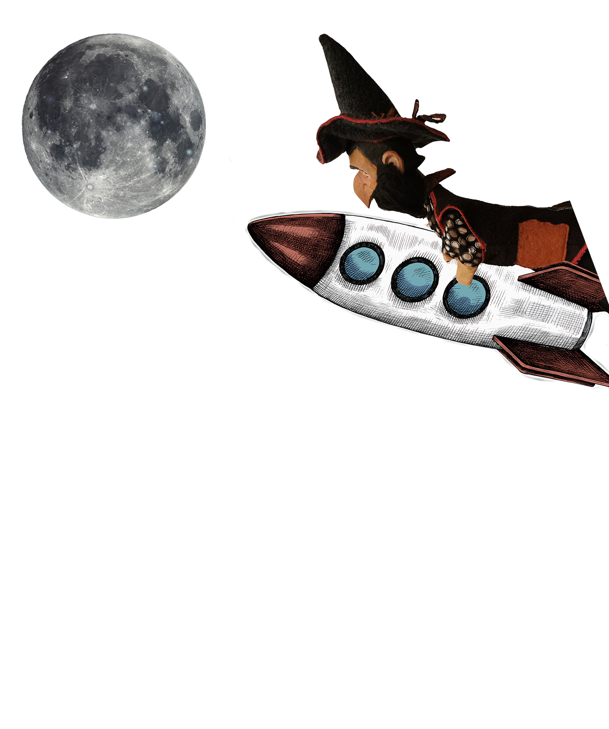 Der Räuber Hotzneplotz fliegt auf einer Rakete Richtung Mond