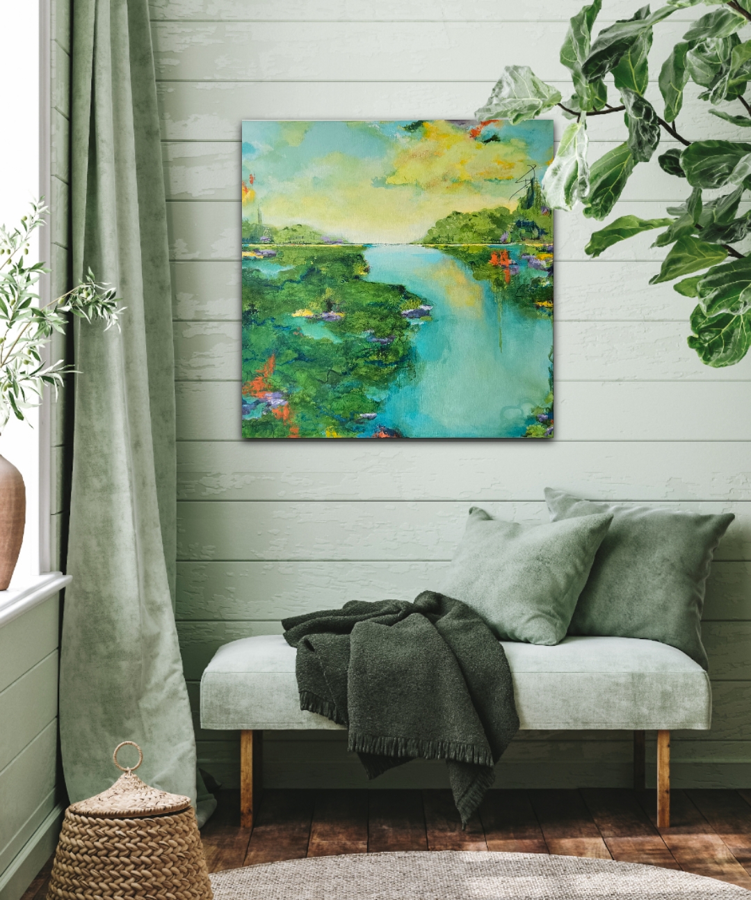 Abstract landscape painting of a blue river and green fields on a light green shiplap wall.