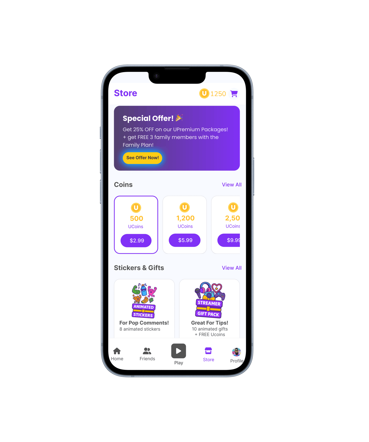 App screen showing rewards and items available using UCoins.