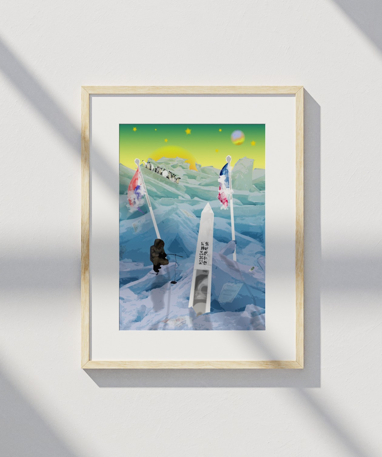 Framed print of an icy border scene with penguins and obelisk