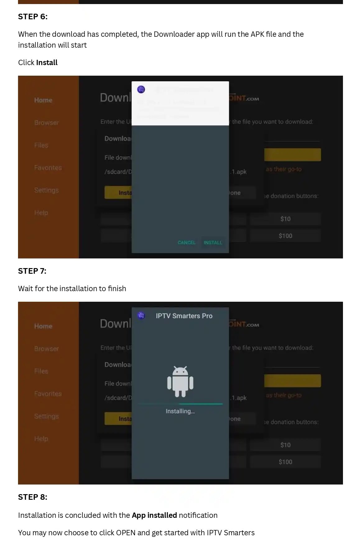 Step-by-step guide showing how to install IPTV Smarters Pro APK using the Downloader app on a smart device.