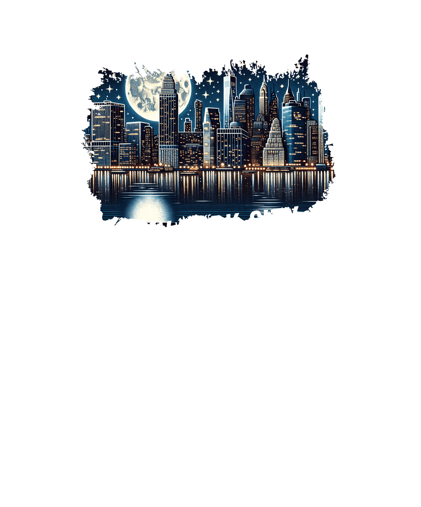 a city skyline with a full moon in the background