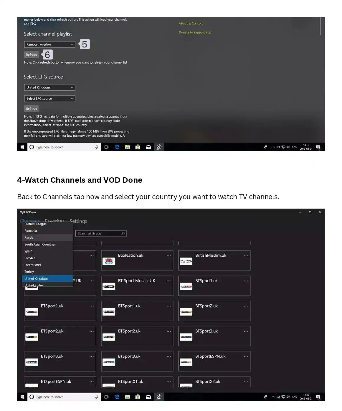 Screenshot of MyIPTV Player software showing channel playlist selection and a grid of UK sports channels.
