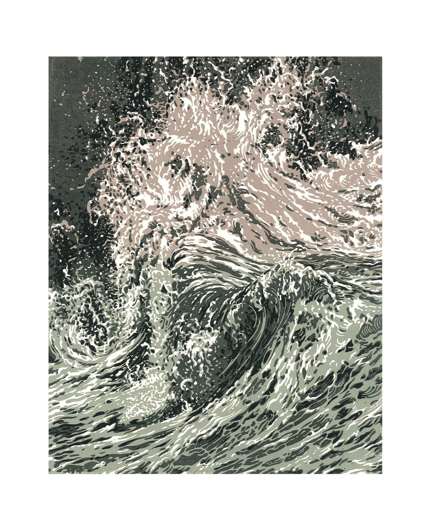 Linogravure, estampe originale,  représentant des vagues.
