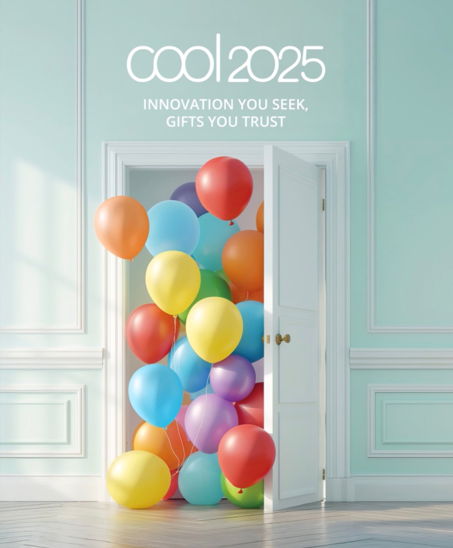 Colorful birthday balloons spilling out of a white door in a teal room for a Cool 2025 celebration.