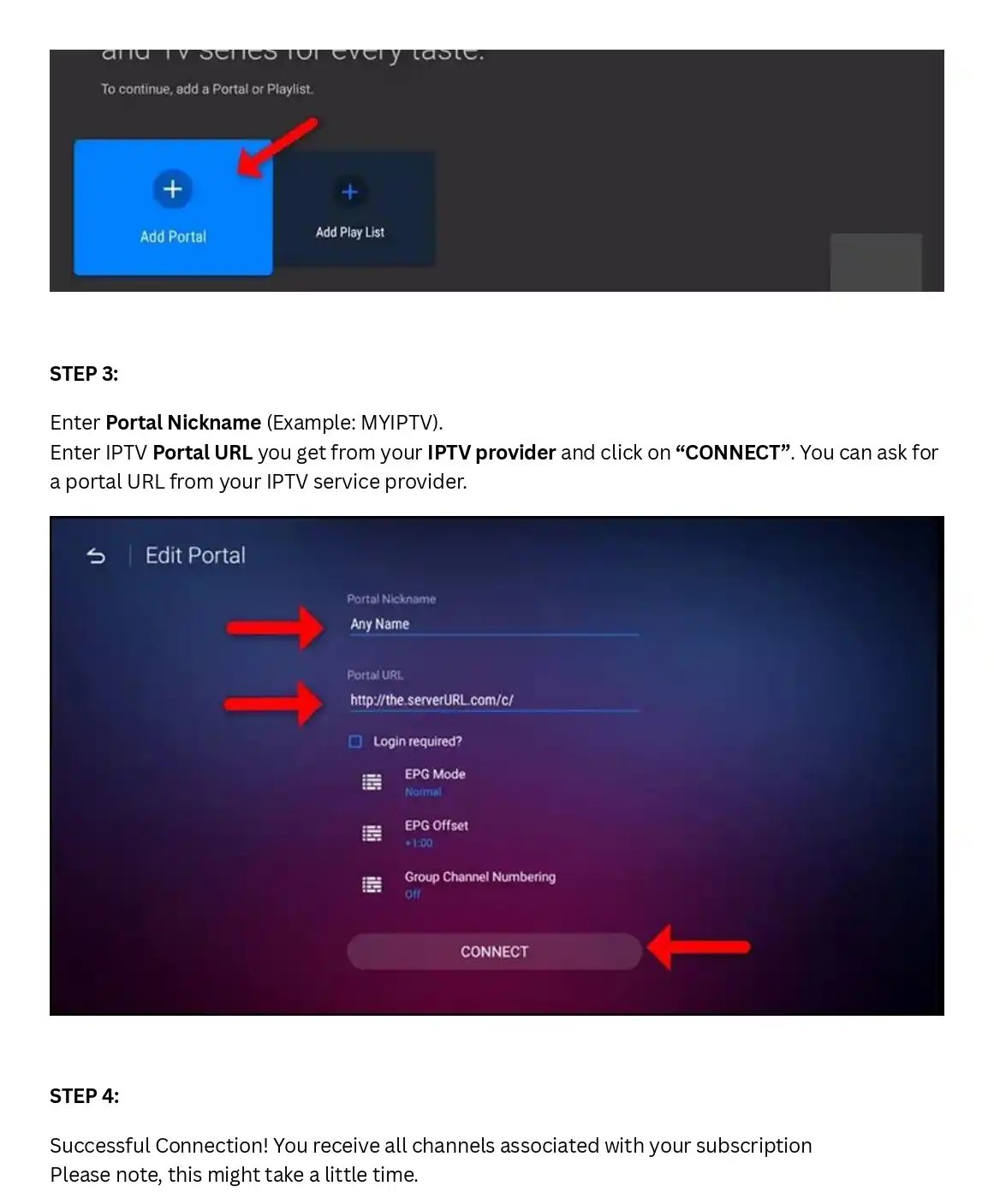 Step-by-step guide showing how to add a portal nickname and IPTV URL to configure an IPTV service.