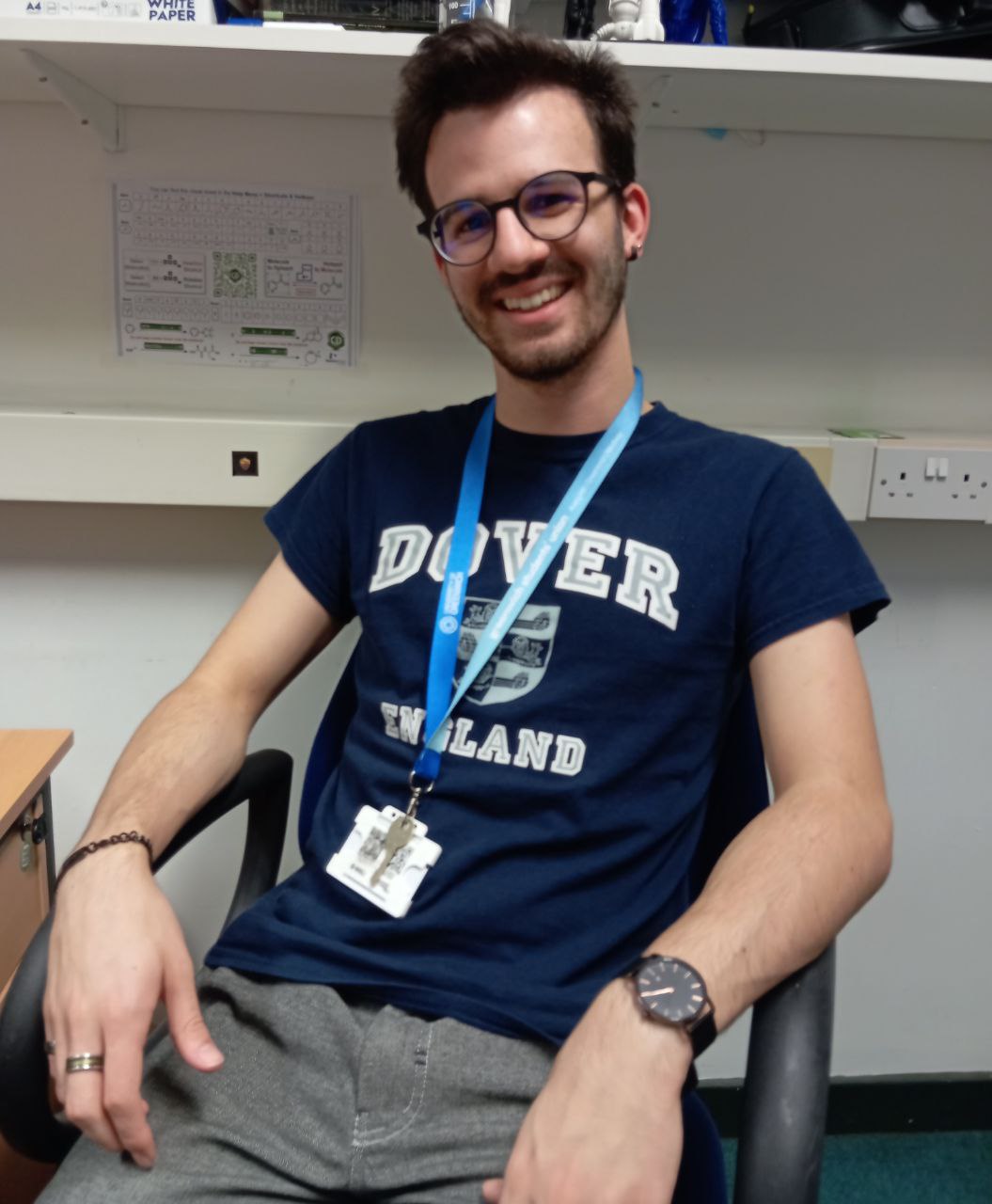 a man sitting in a chair with a blue lanyard lanyard lanyard lan