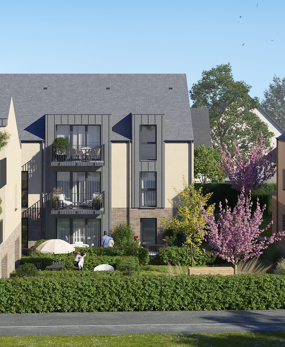 Façade de la Résidence Santini avec balcons, espaces verts et jardin paysager
