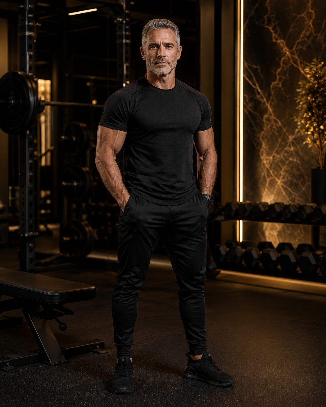 Strong man over 50 standing confidently in a luxury gym representing Ageless Warrior Elite transform