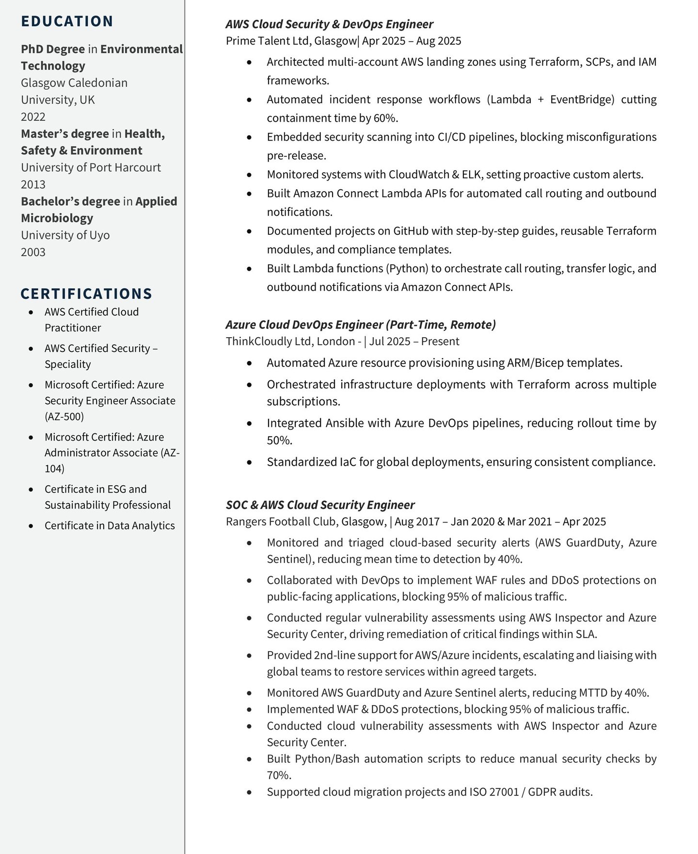 Page 2 of AWS Cloud Security Engineer CV detailing professional experience, projects, cloud security