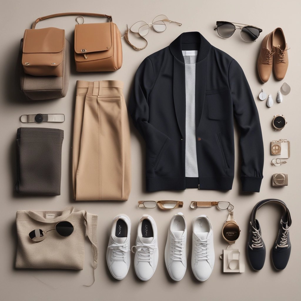 Flat lay of luxury fashion accessories including a beige leather jacket, white pants, sneakers, and designer bags.