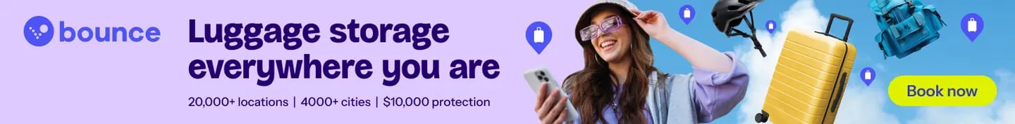 A traveler using the Bounce luggage storage app with a suitcase, backpack, and helmet on a purple background.