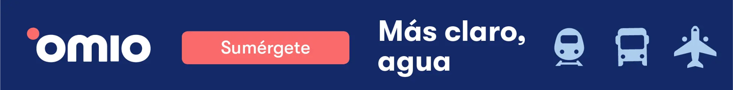 Omio travel banner with icons for train, bus, and plane transport bookings.