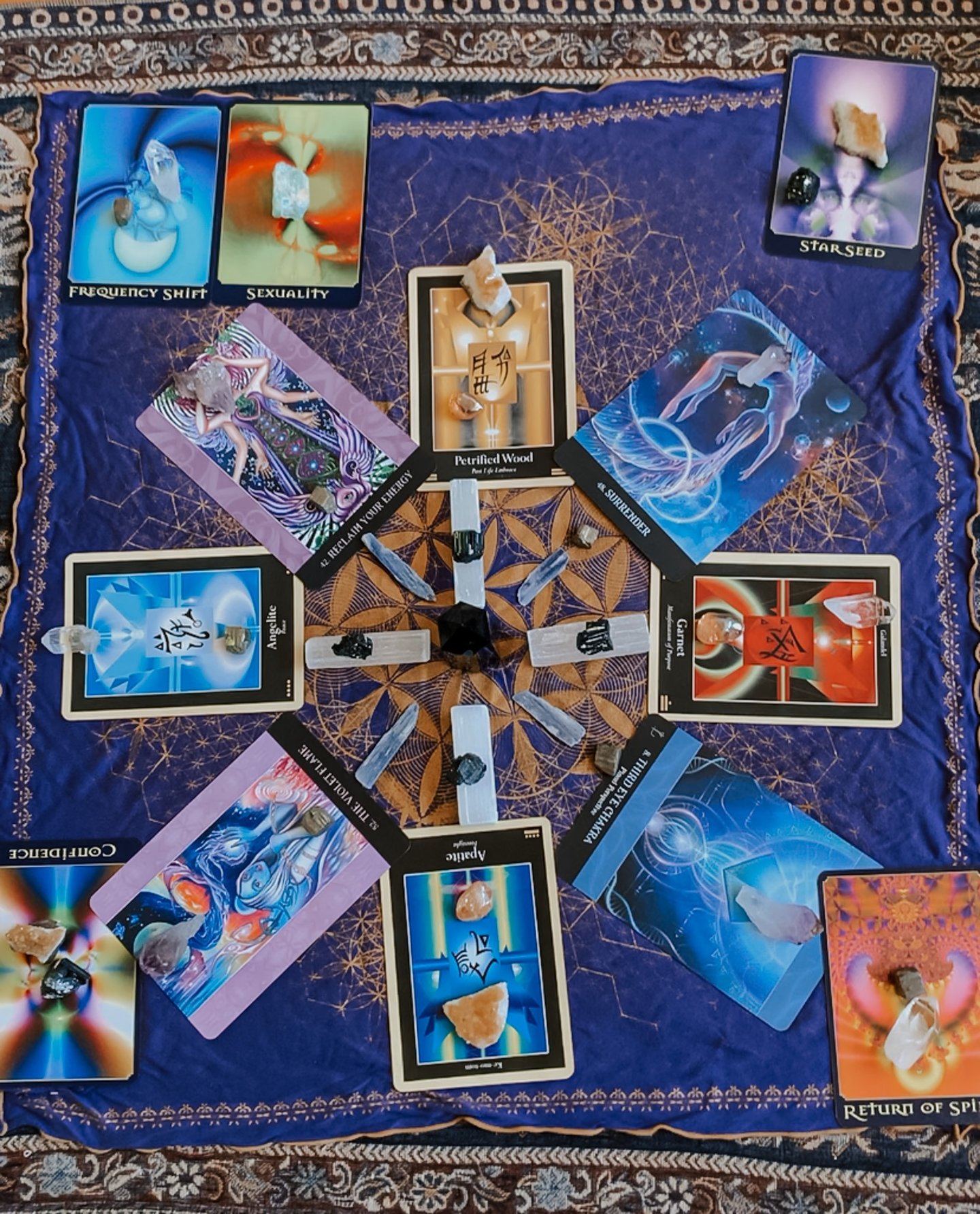 a crystal grid with tarot and oracle cards