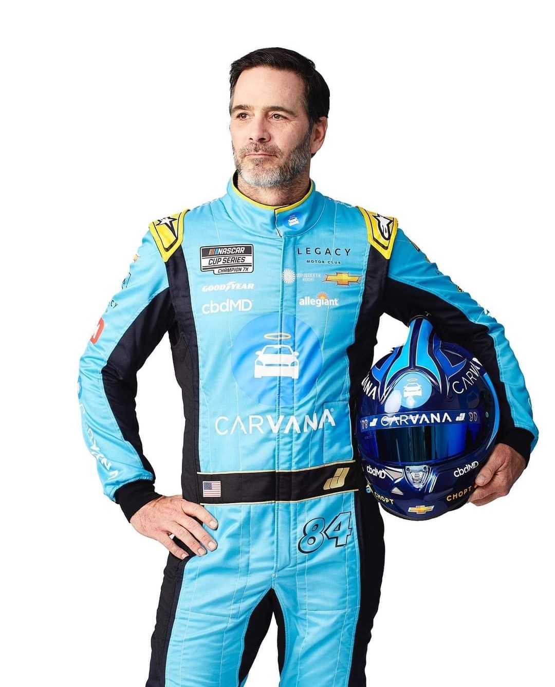 NASCAR driver Jimmie Johnson hair and makeup photoshoot in his Carvana racing unifrom