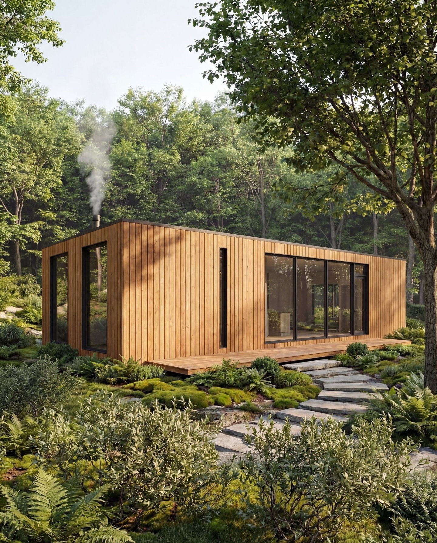 Luxury modern cabin exterior with clean lines and outdoor deck in forest setting