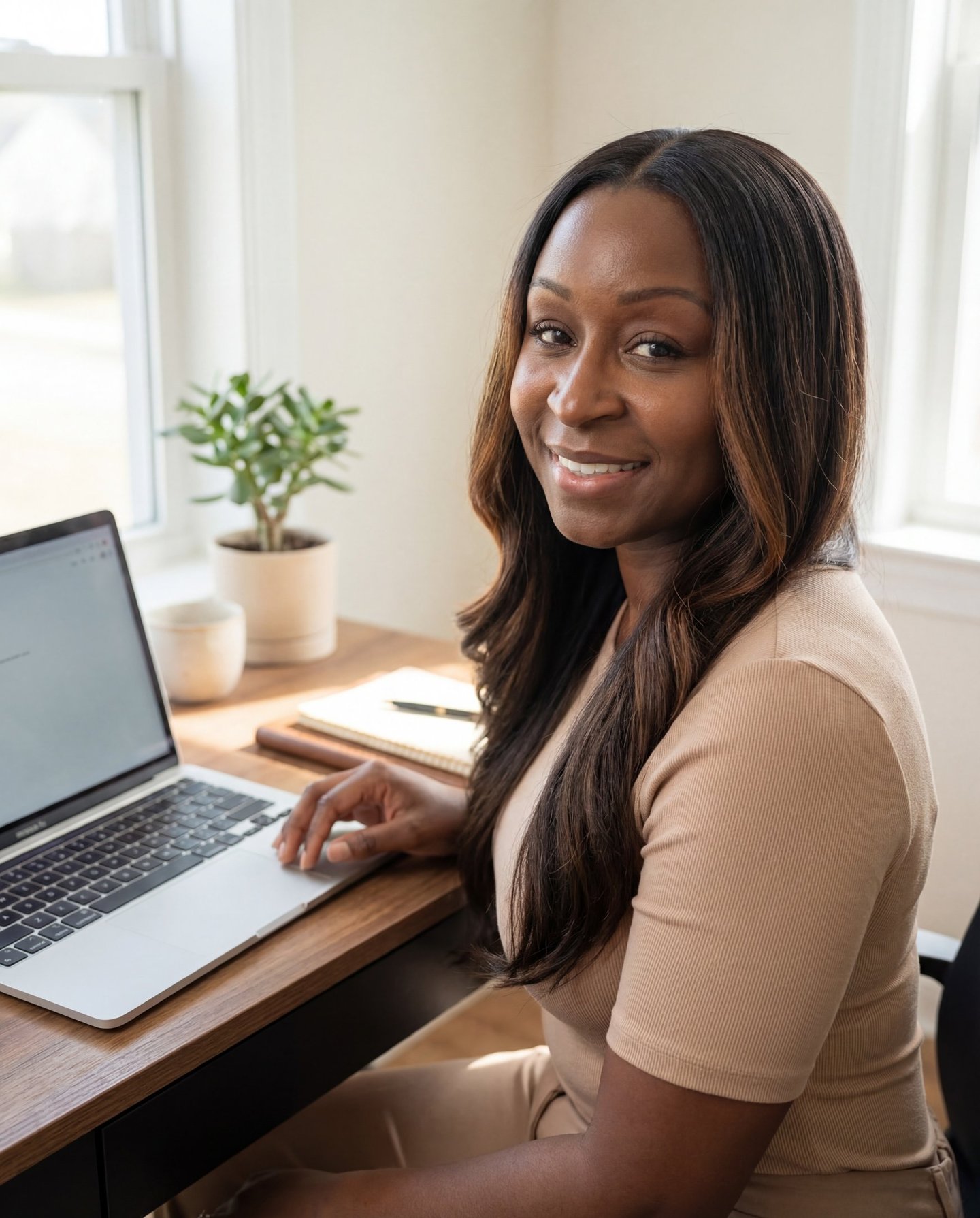 Business owner working on a laptop to manage her online business using simple AI systems from a home
