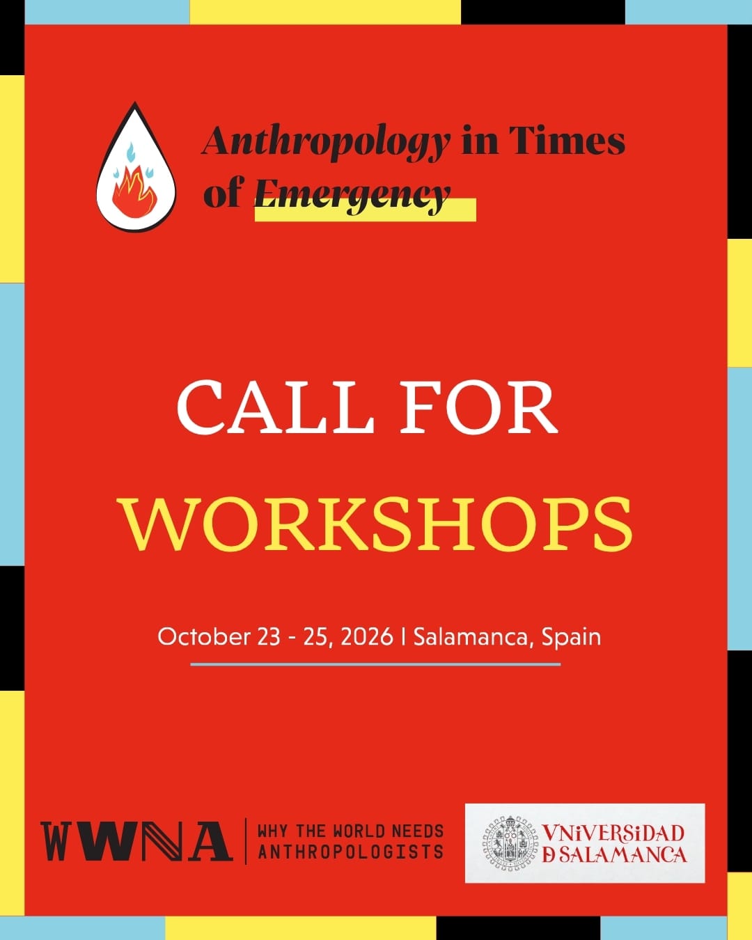 Poster for Anthropology in Times of Emergency call for workshops in Salamanca, Spain, October 2026.
