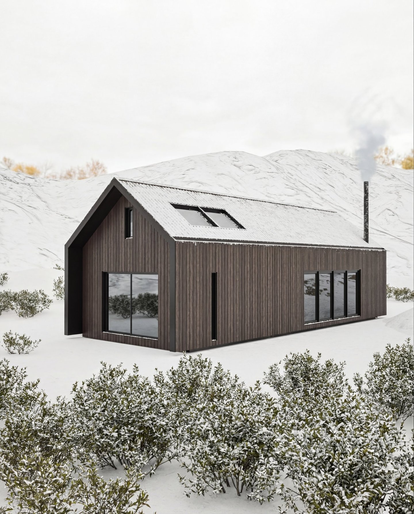 Modern cabin home plan exterior render with timber cladding