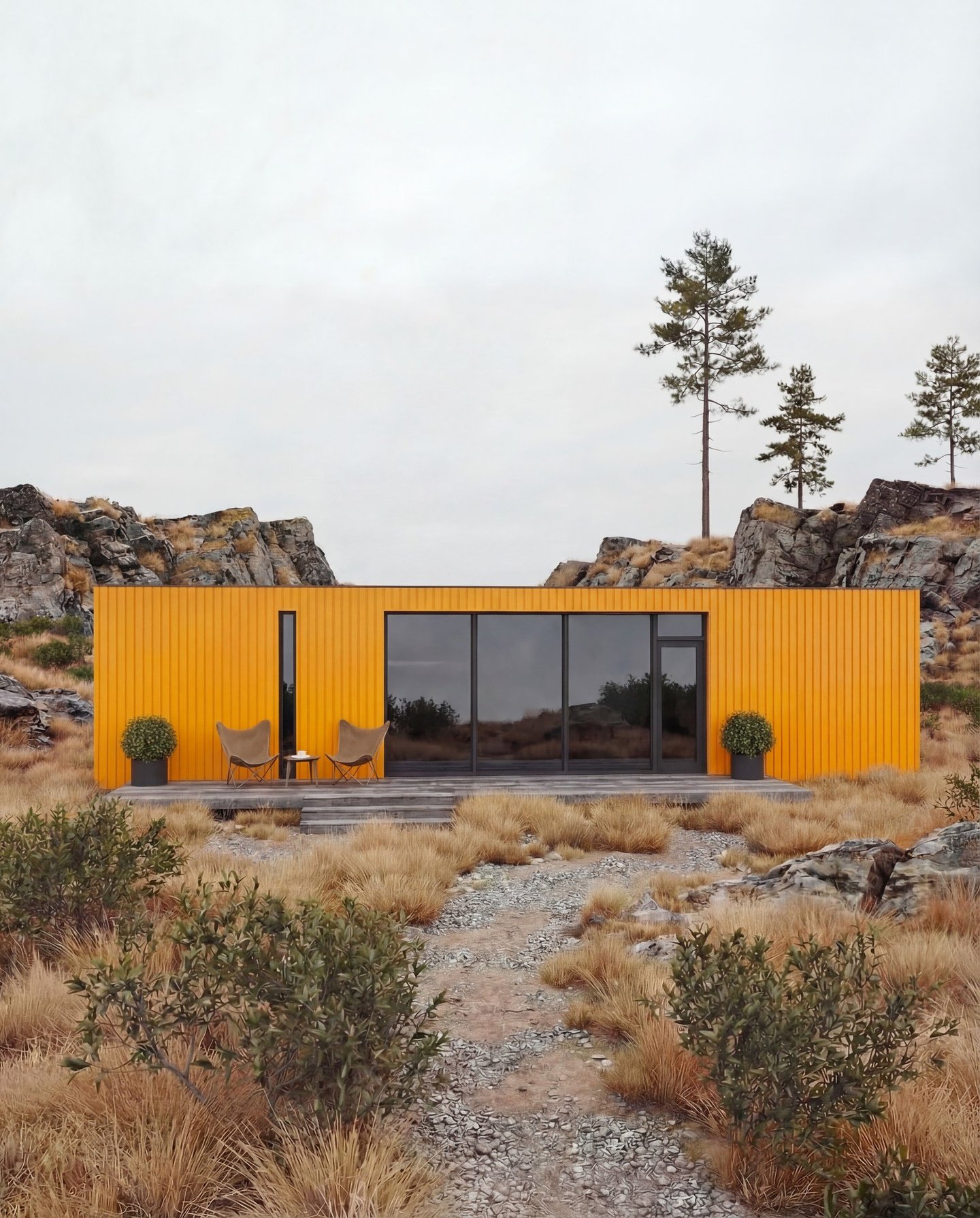 Contemporary cabin exterior design with large glass windows