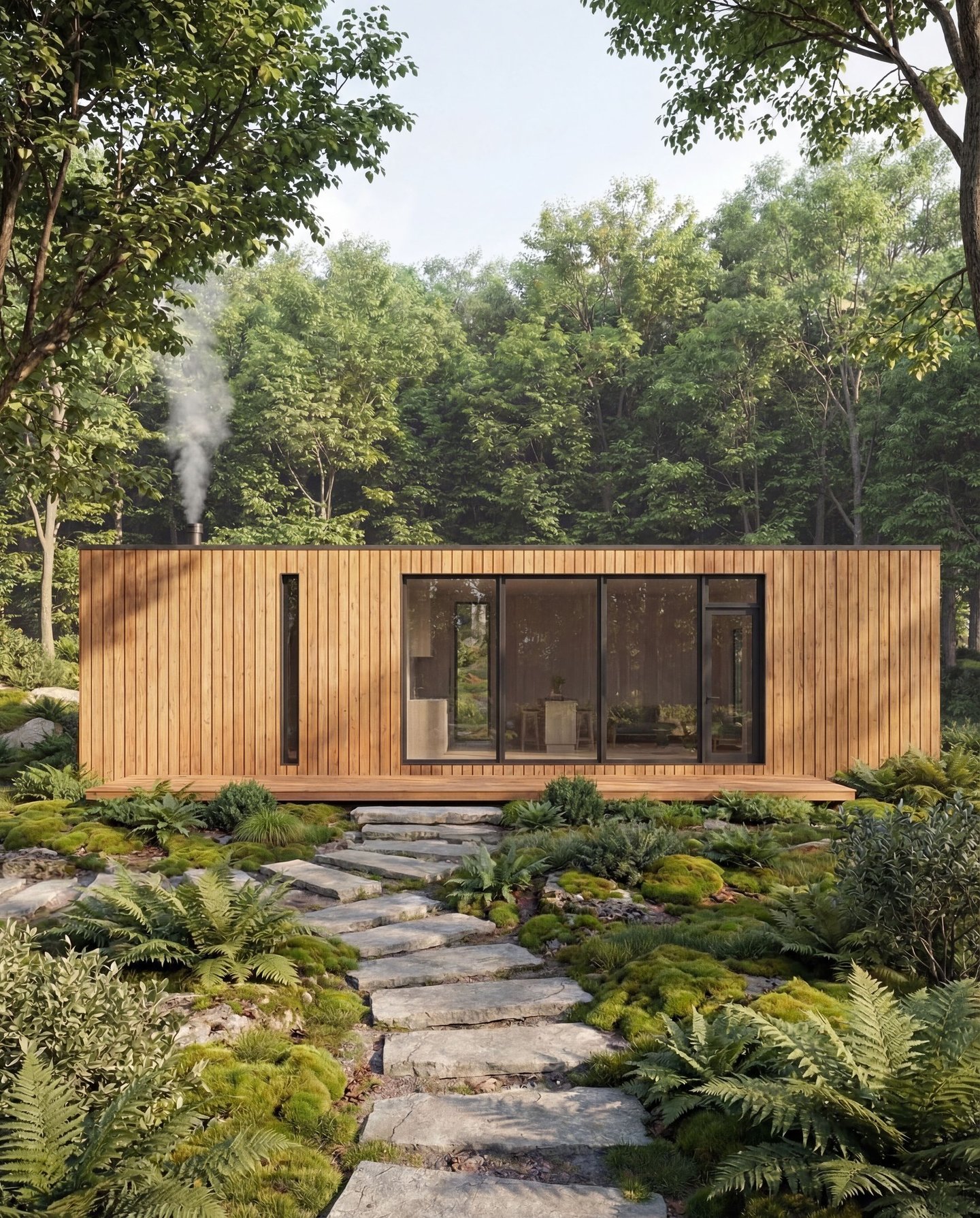 Contemporary cabin exterior design with large glass windows