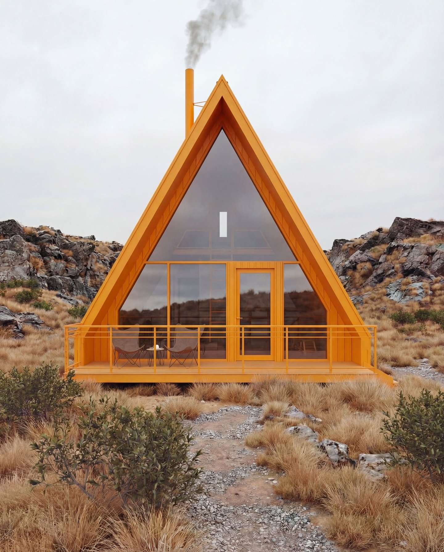 Small modern cabin plan exterior render forest setting