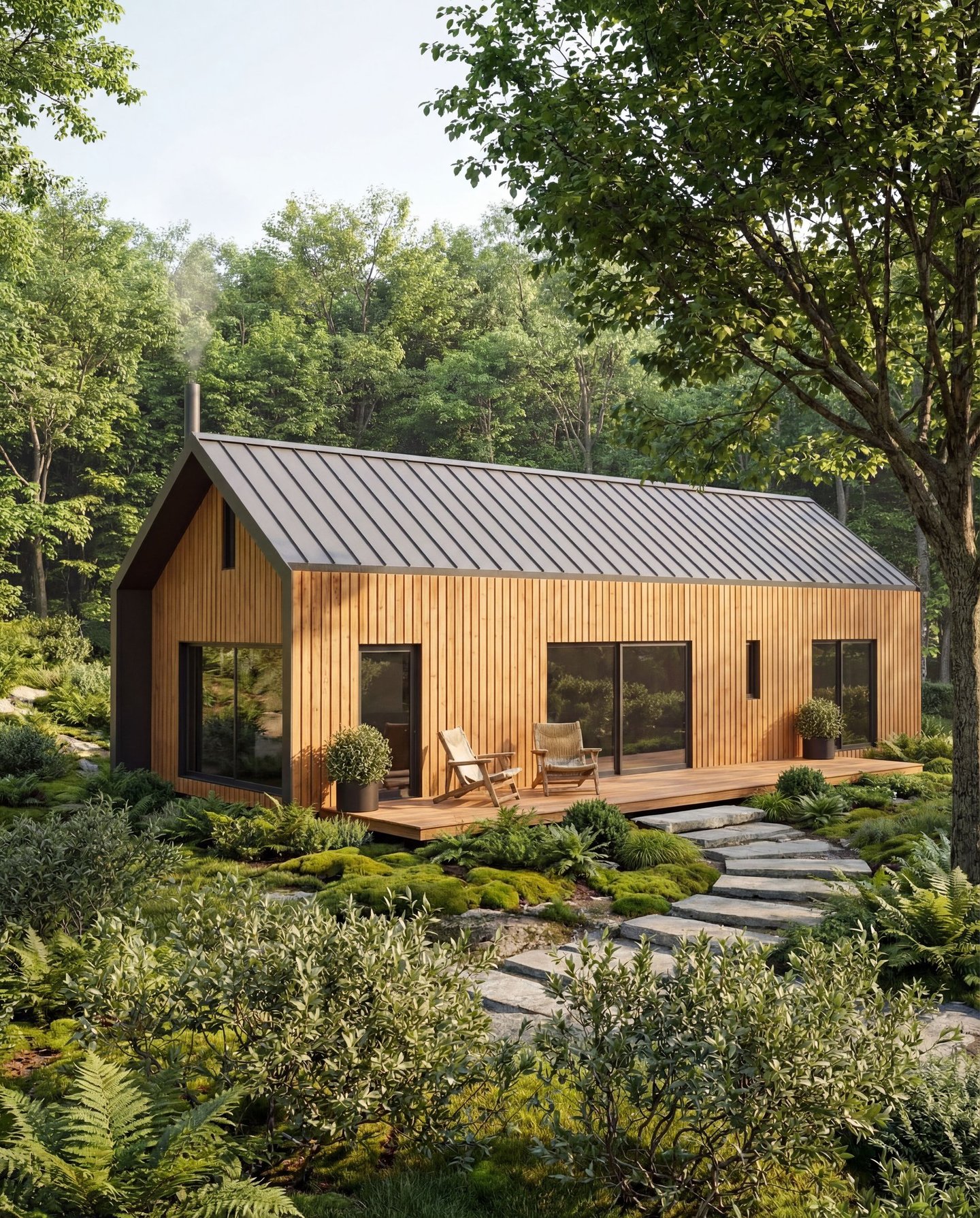 Modern cabin home plan exterior render with timber cladding