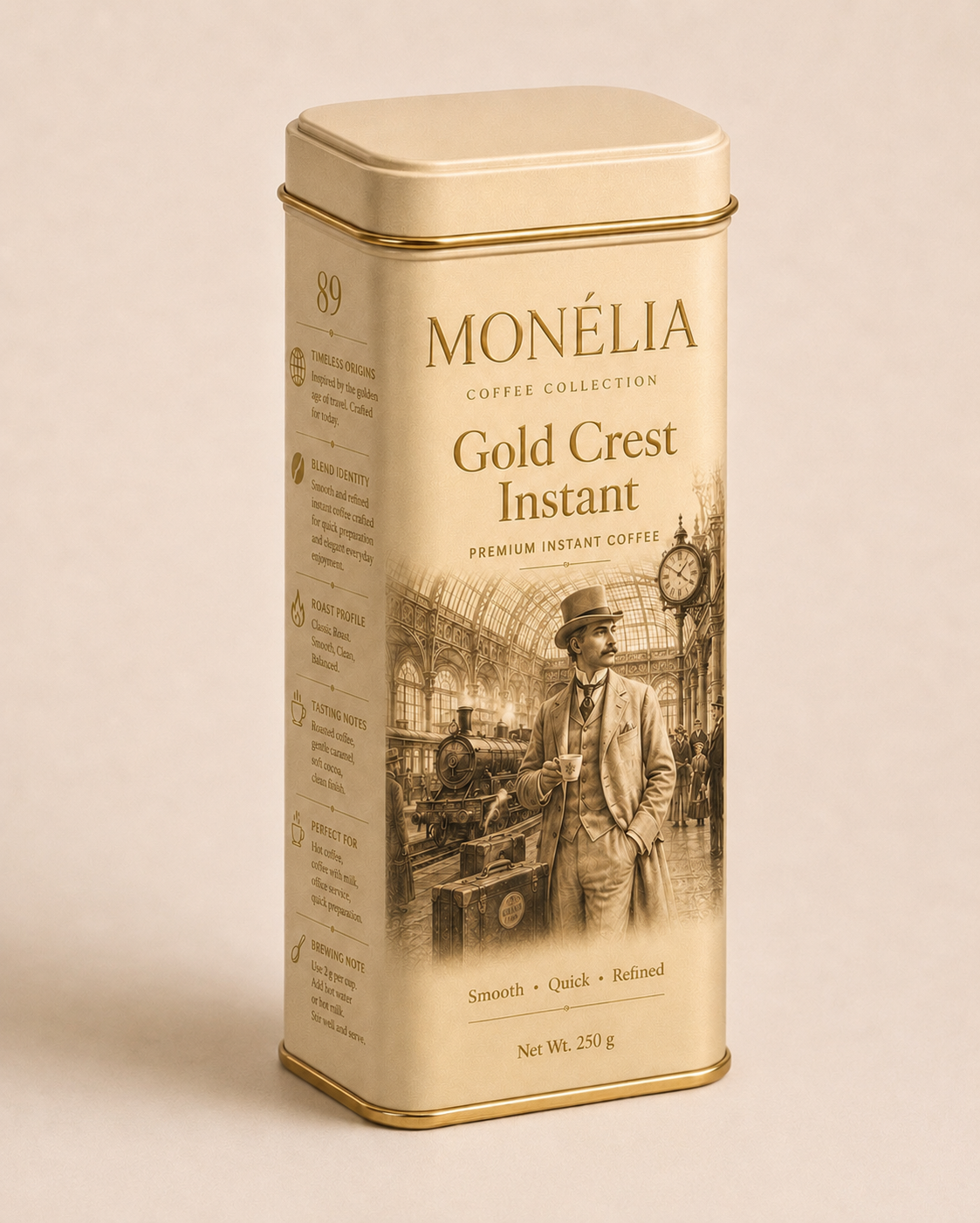 MONÉLIA Gold Crest Instant premium instant coffee in a gold 250 g tin inspired by the golden age of