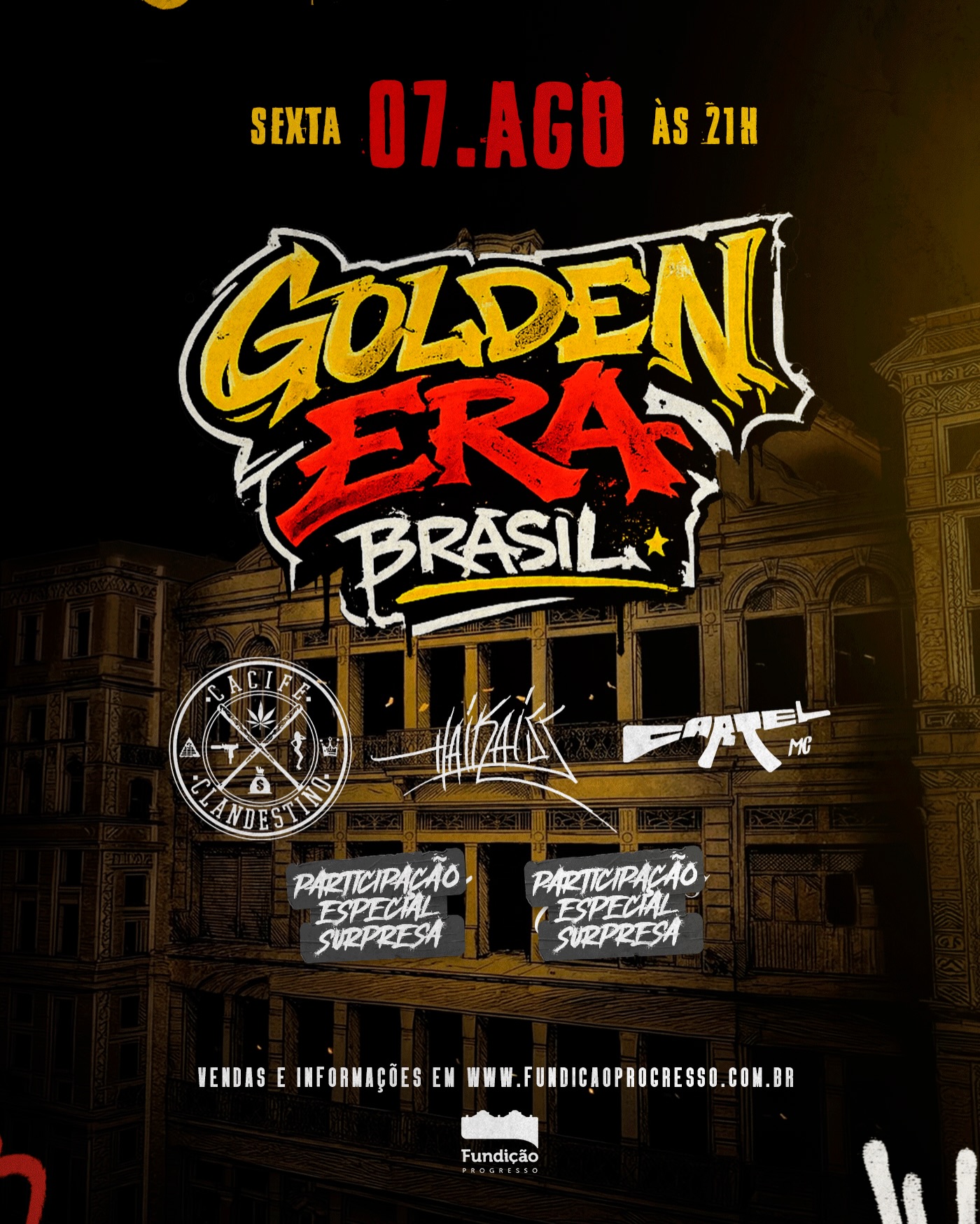 Cartaz oficial do Golden Era Brasil com Haikaiss, Cartel MCs e Cacife Clandestino no Rio de Janeiro