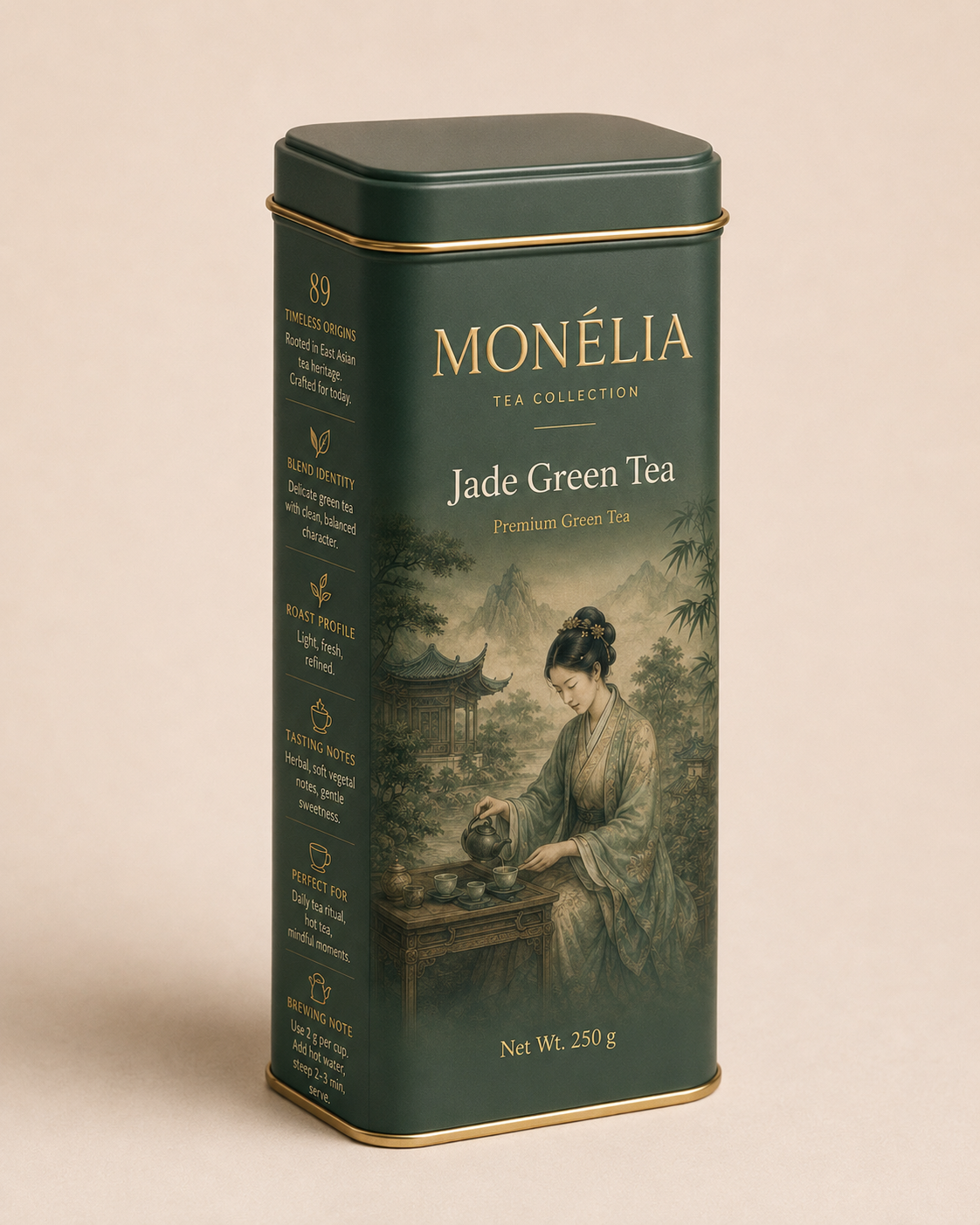 MONÉLIA Jade Green Tea premium green tea in a jade green 250 g tin with traditional East Asian tea a