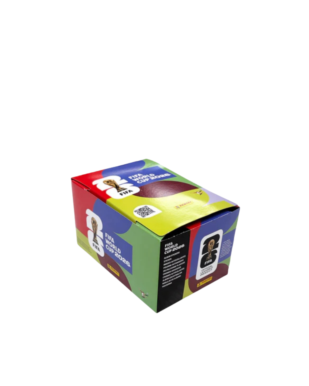 Official Panini FIFA World Cup 2026 sticker album booster box on a white background.