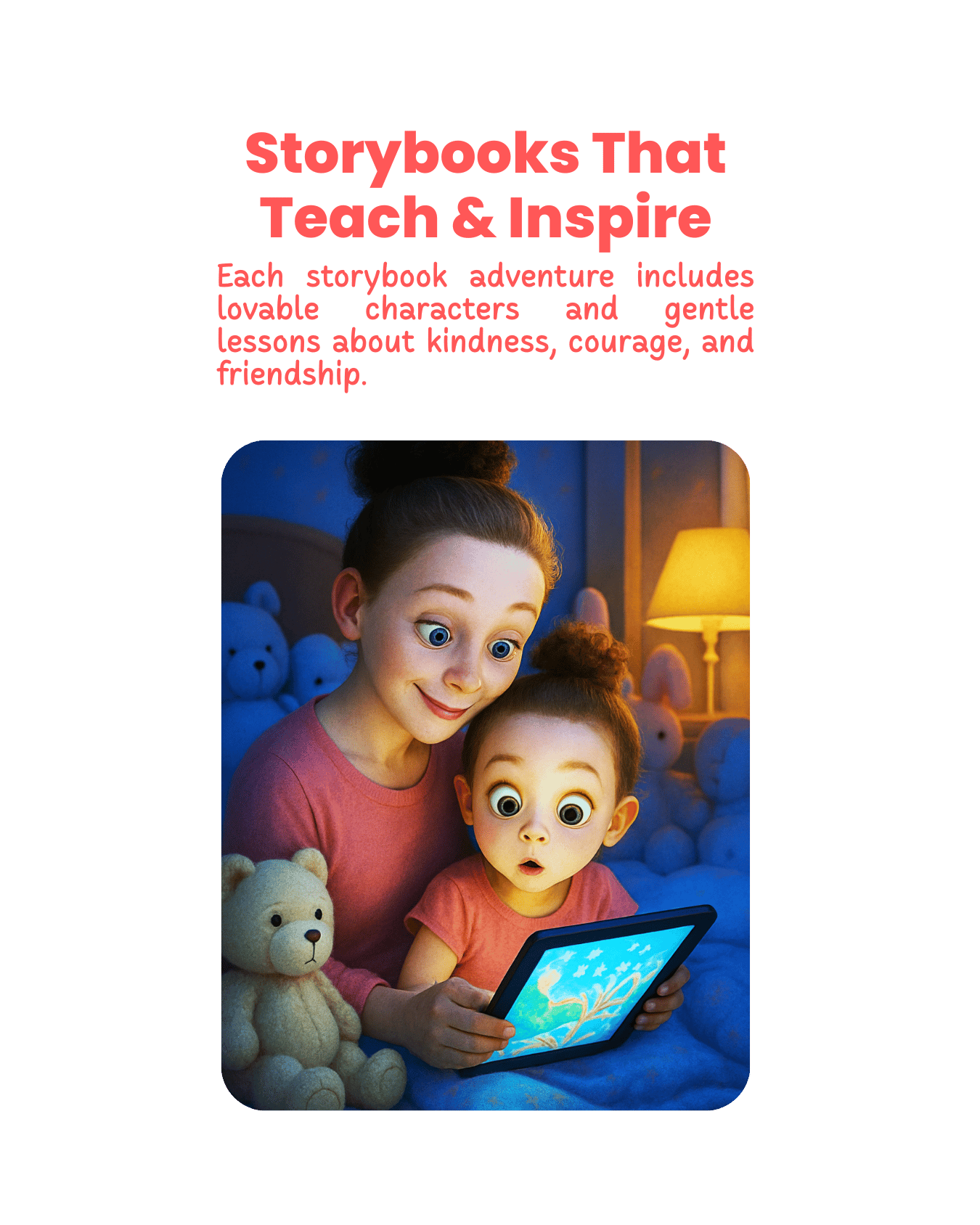 a mother reading a storybook for her kid from a tablet