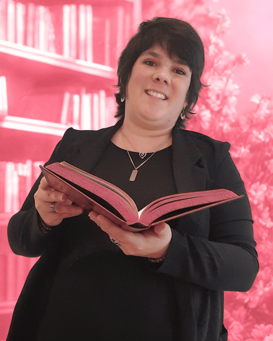 Wendy Baqué, chroniqueuse littéraire - un livre rose ouvert et un fond fleuri